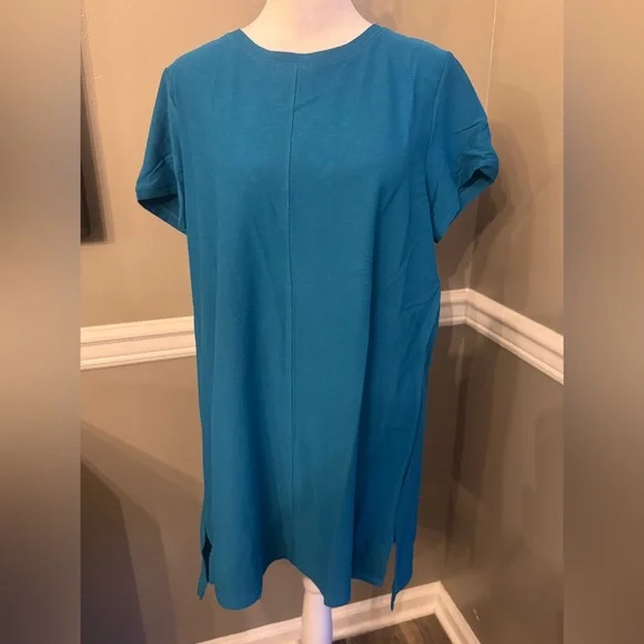 $228 NWT Eileen Fisher Jewel Crew Neck Tunic short sleeve top Blue Large - Picture 2 of 6